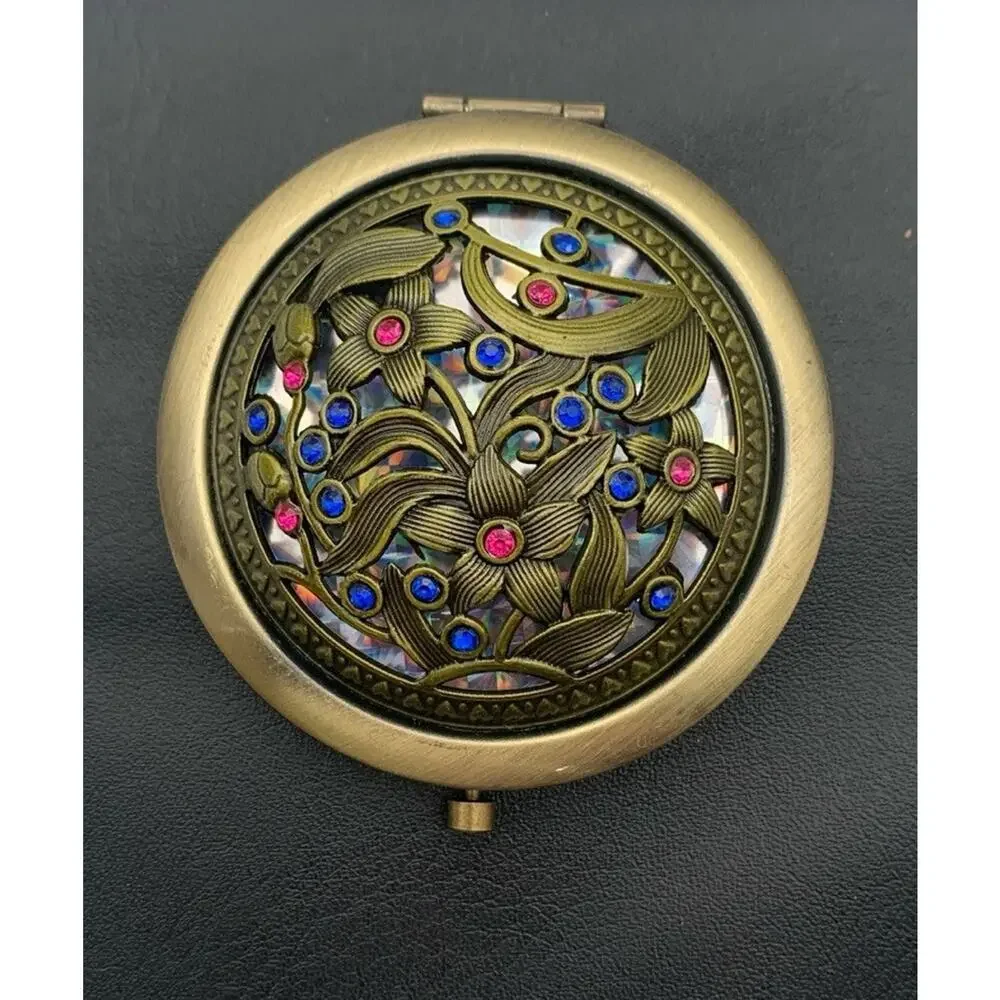 Dual Mirror Compact Floral Jeweled Brass Tone Iridescent Background Boho NWOT
